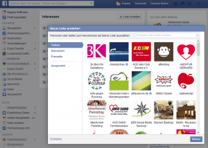 Beginnen Sie die neue Liste mit der Auswahl der Feeds, die hier gesammelt werden sollen. Hierzu können Sie Seiten (geliked), Abonnements von Seiten oder Personen oder auch Freunde auswählen. Über das Suchfeld oben rechts können Sie auch direkt suchen. Klicken Sie auf "Ausgewählt" werden Ihnen alle bereits ausgewählten Feeds angezeigt. 